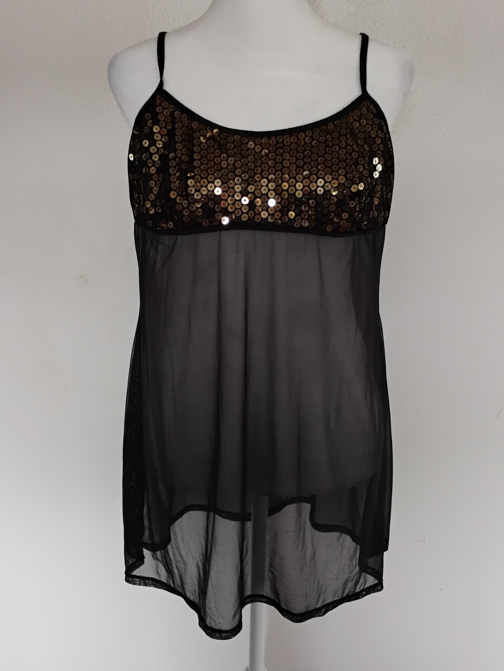 Victoria’s Secret Sexy Sheer Back Black Top Black Sequin Mesh Chemise Size. L